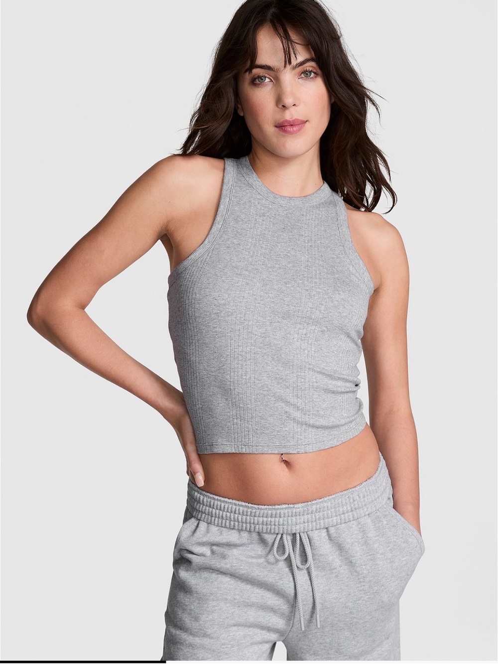 NWT PINK/VS gray multi-rib tank top with built in bra, size medium